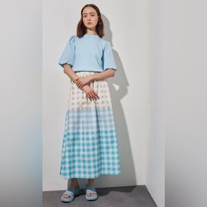 MING WANG Cotton Gingham Midi Maxi Skirt Plaid Checkered Pockets White Large NEW